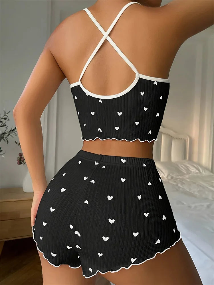 Women's Heart Print Ribbed Frill Trim Pajama Set, Cute Bow Notched Neck Cross Strappy Backless Crop Cami Top & Elastic Shorts