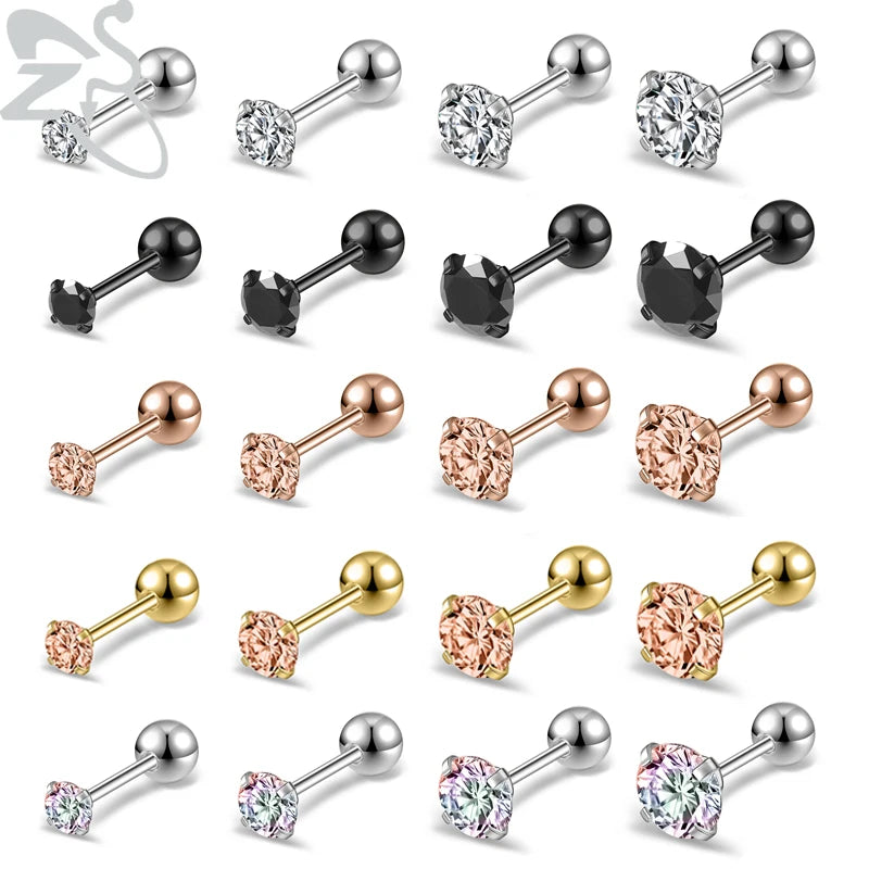 ZS 1 Pair 20G Surgical Steel Stud Earring for Women Crystal Black Rose Gold Plated Earrings Ear Helix Conch Piercing 3/4/5/6mm