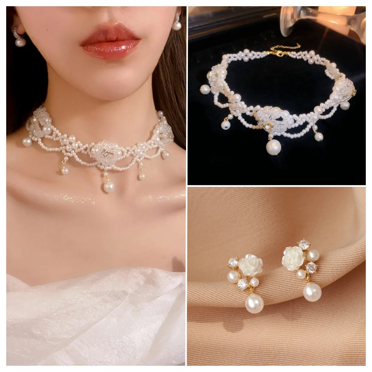 3pcs Fashion Women Pearl Flower Necklace Set Includes Earrings Jewelry Set for Women Girls Brides Wedding Gift  Parties