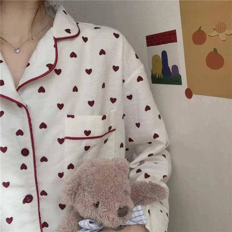 Large Size Sexy Nightwear Women Sleepwear Autumn and Winter Cardigan Home Wear Peach Heart Long Sleeves School Silk Pajamas