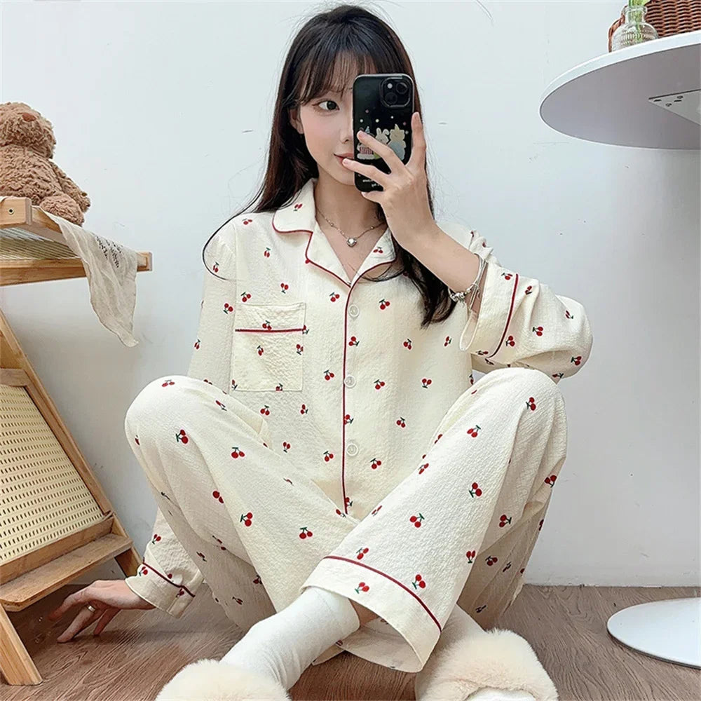 Korean Style Chic Women's Sleepwear Set Extra Soft Peach Lapel Long Sleeve Spring Autumn For Home Use Loose Sleepwear Set