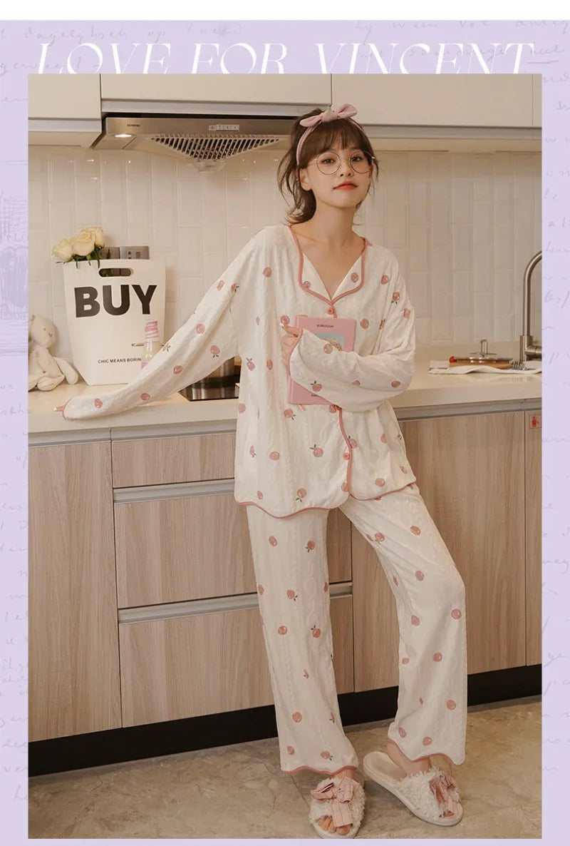 Women's Sweet Ruffle Pajamas Set Long Sleeve Top And Long Pants Sleepwear 2 Piece Set For Women Korean Casual Home Loose Pajamas