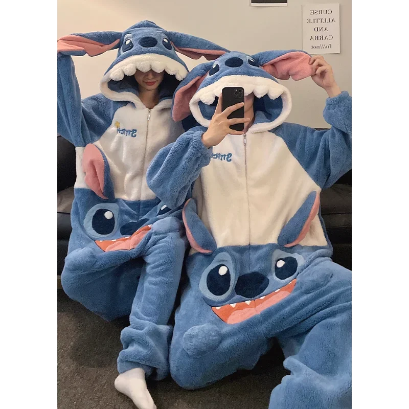 Cartoon Disney couple one-piece pajamas winter coral fleece thermal hooded pullover men's loungewear new Stitch women's pajamas