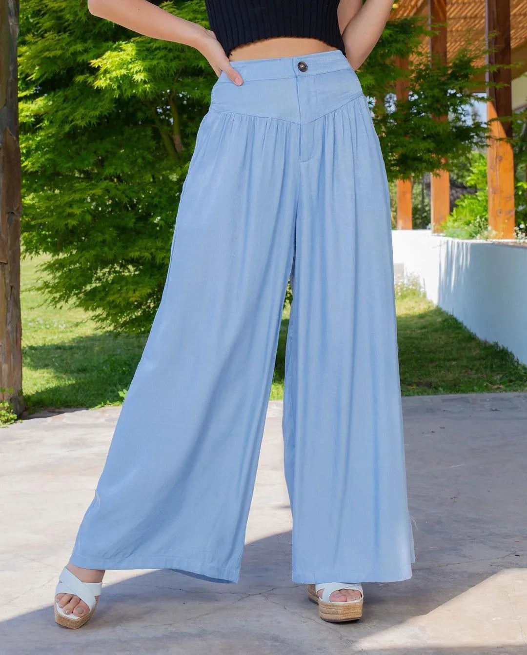 Women Denim Loose Wide Leg Pants Casual Female High Waist Button Flare Full Jeans OUFY-001