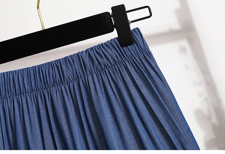 Women's Patchwork Denim Color Spliced A-line Skirt Tencel Big Swing Long Thin Skirt