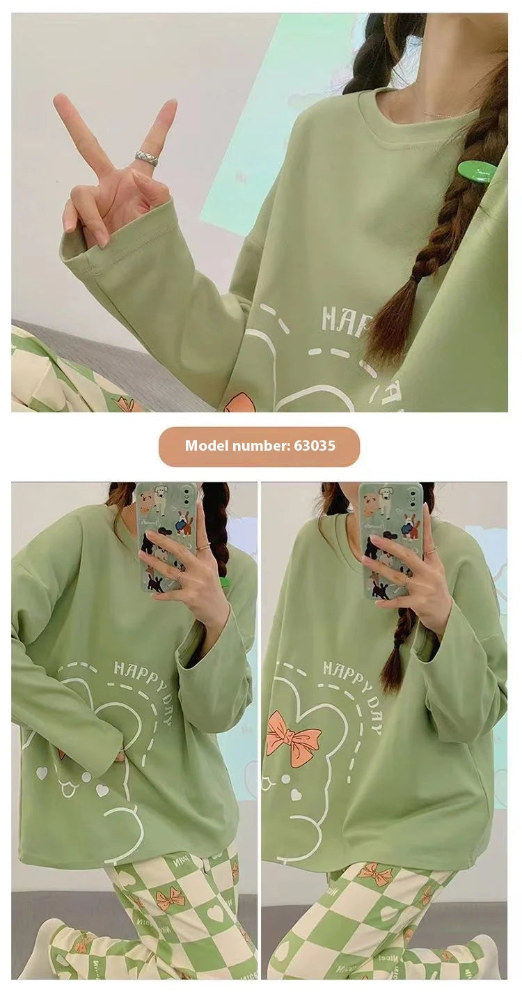 New Women's Pajamas Homewear Suit Women's Spring and Autumn Models Long-Sleeved Autumn and Winter Homewear Large Size Loose Suit