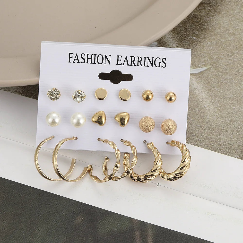 European and American cross-border new minimalist earrings wholesale creative minimalist retro pearl circle earring set 9 pairs