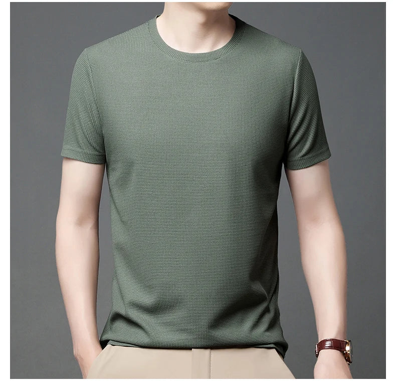 New Summer Waffle Round Neck Short Sleeved T-shirt for Men's Short Sleeved Top