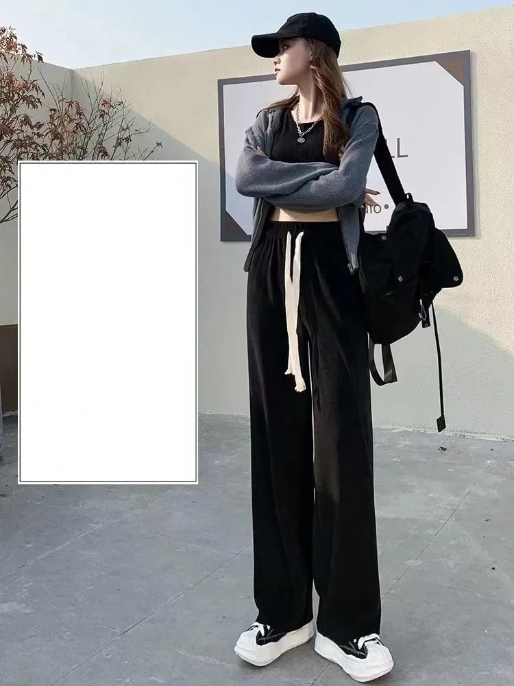 Woman's Trousers Autumn/winter Wide-leg Pants Tall Waist Loose Solid Color Drawstring Ladies Trousers Dropshipping