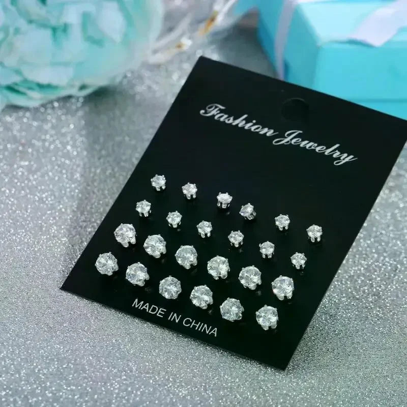 12 Pairs/Pack Shiny Zircon Stud Earrings Set for Women Men Daily Versatile Chic Silver Color Crystal Ear Jewelry Accessories