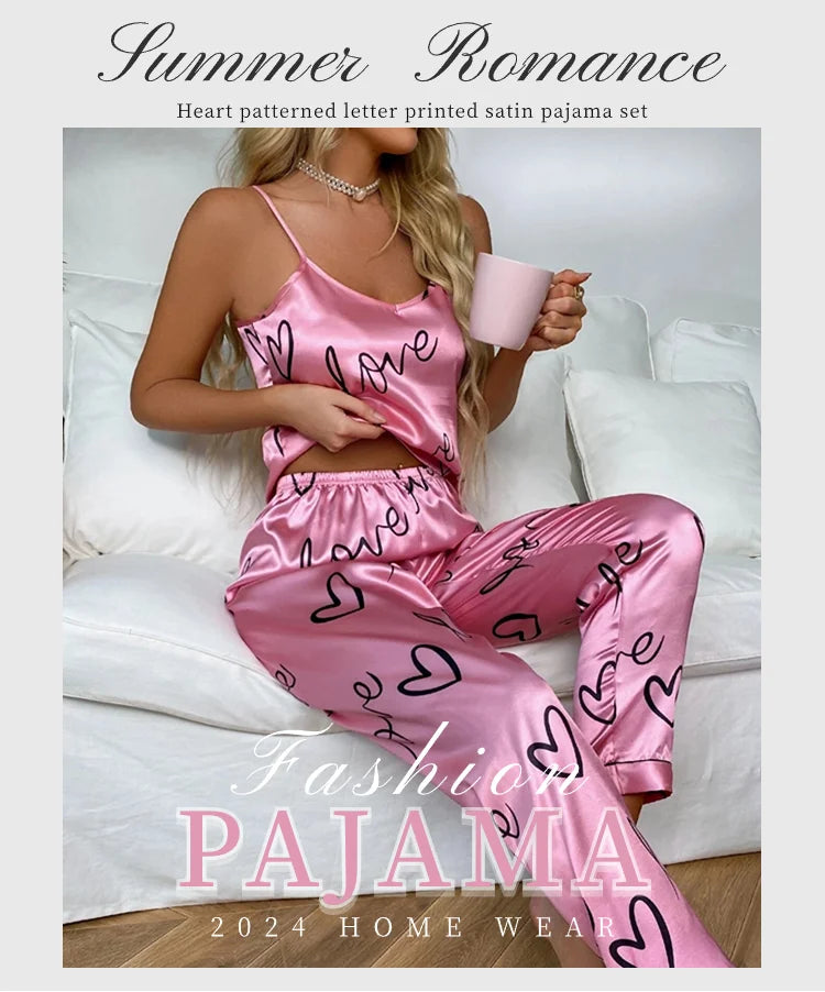 2 PCS Sexy Women Satin Pajamas Lingerie Sleepwear V Neck Sleeveless Suspenders and Pants Girl Pajamas Set Home Wear Loungewear