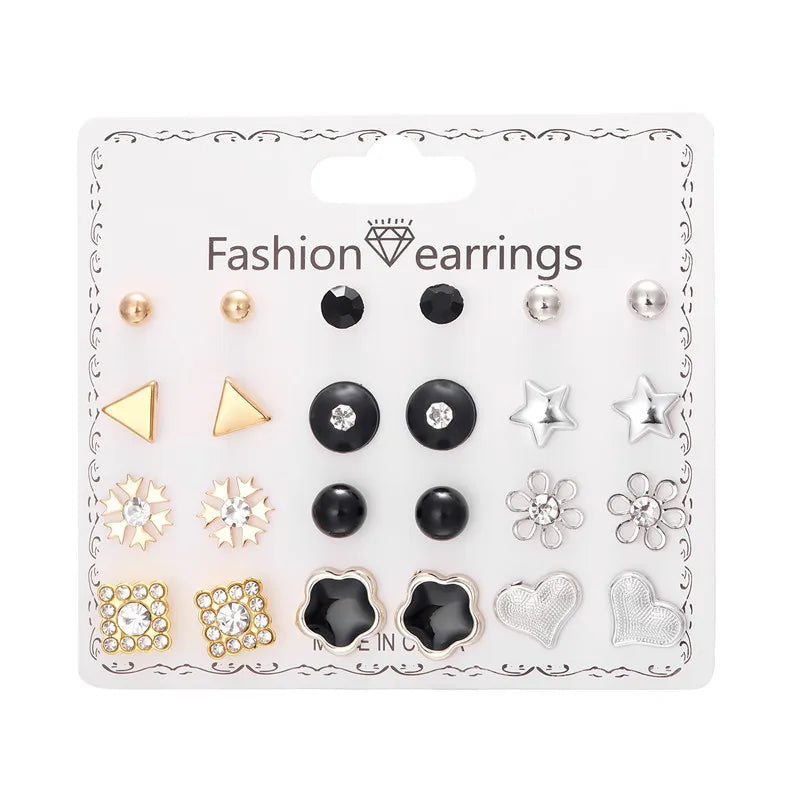 12 Pairs/Set Imitation Pearl Sun Star Flower Bow Heart Zircon Combination Paper Card Stud Earrings Set Fashion Geometric Earring