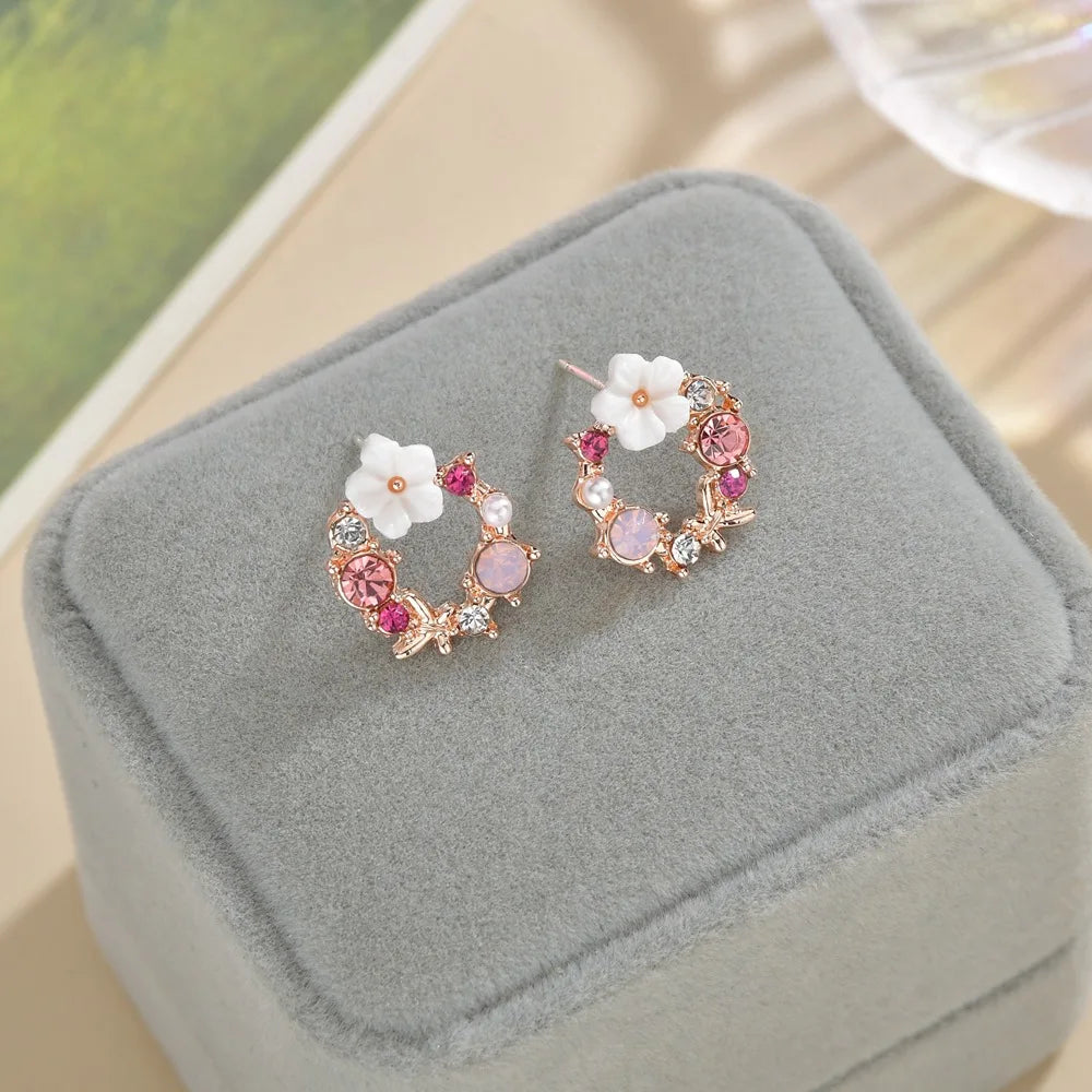 Korean Round Flower Bowknot Stud Earrings Small Colorful Enamel Crystal Rhinestone Wreath Garland Ear Jewelry Birthday Gift