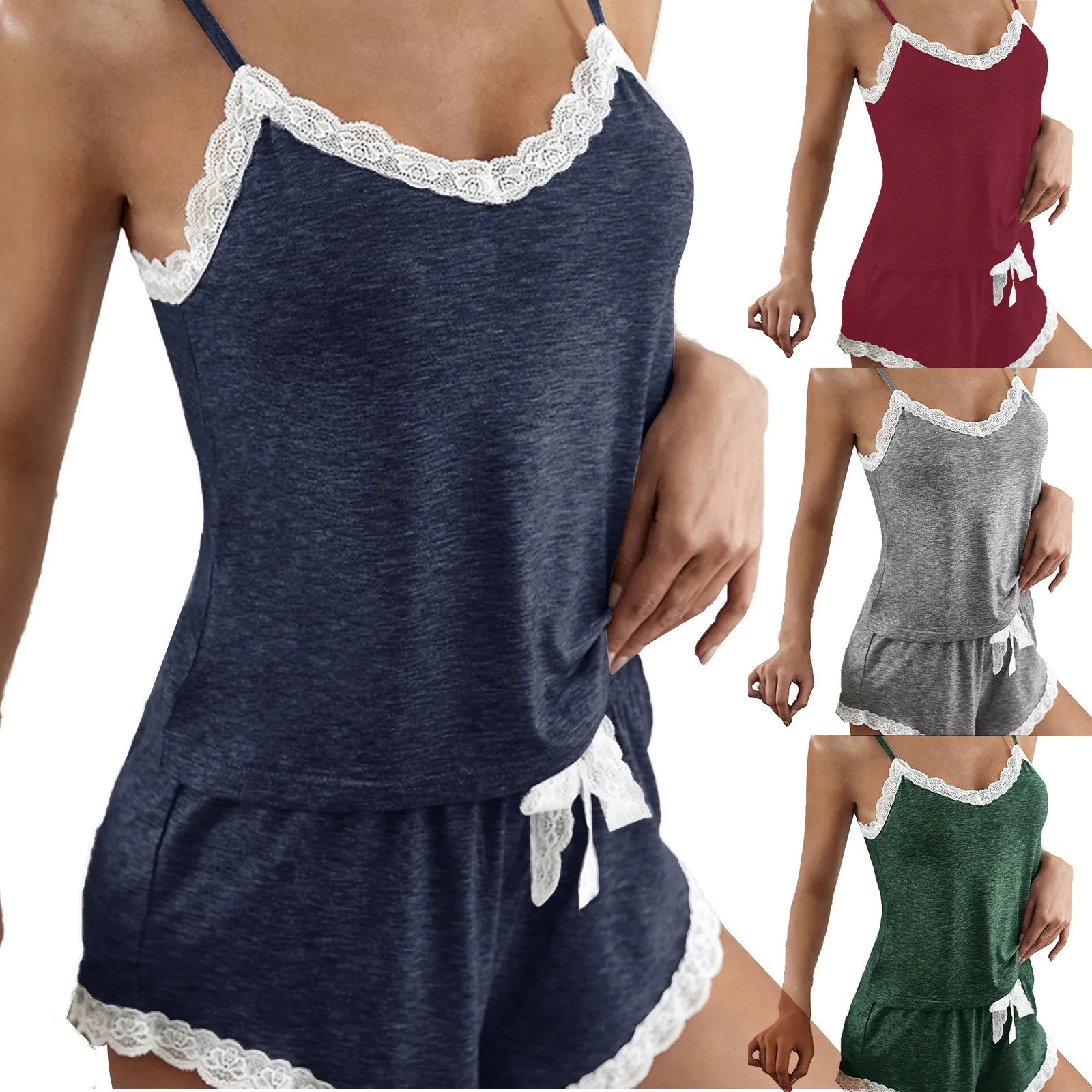 Two Pieces Pajama Set Women Fashion Sleeveless Top With Shorts Sleepwear Sexy Lace Comfort Homewear Indoor Causal 2pc Loungewear