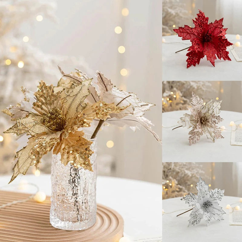 1PC Glitter Artificial Christmas Flowers Christmas Tree Decorations Home Fake Flowers Christmas Ornaments New Year Decorations