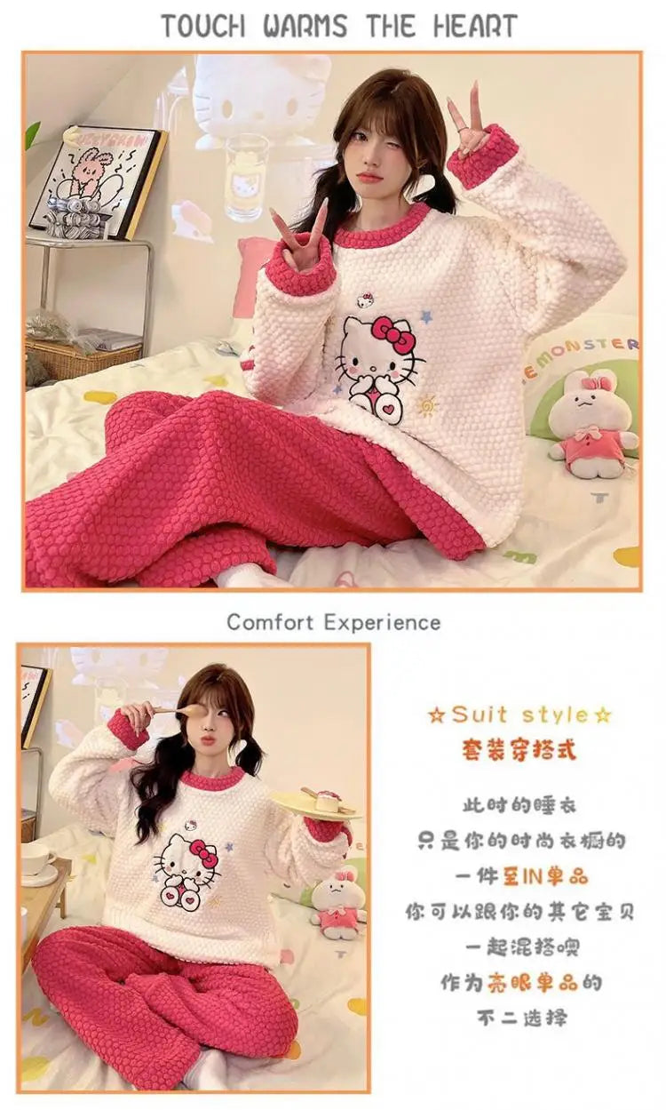 Women Cute Hello Kitty Pajamas Pants Suit Sanrioed Anime Kawaii Spring Winter Cardigan Plush Coral Fleece Red Cartoon Homewear