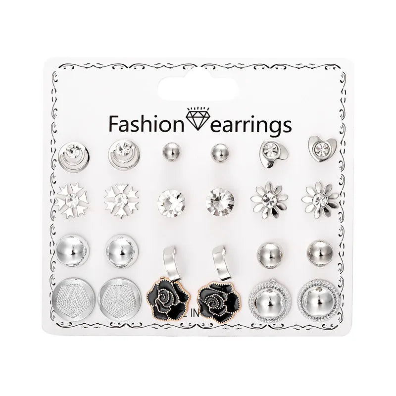 12 Pairs/Set Imitation Pearl Sun Star Flower Bow Heart Zircon Combination Paper Card Stud Earrings Set Fashion Geometric Earring