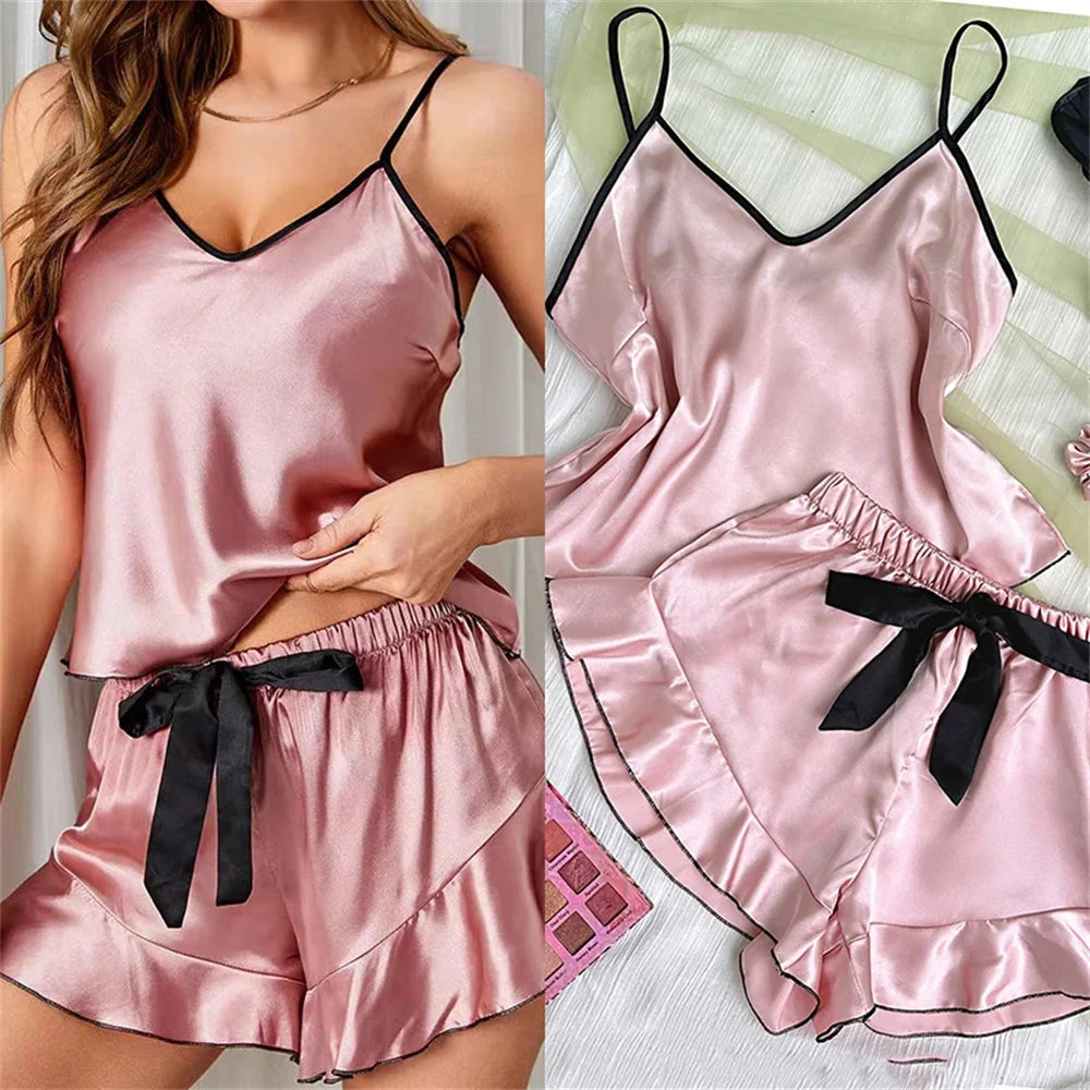 Women's Smooth Satin Pajamas V-Neck T-Shirt Ruffled Edges And Bow Shorts Simple And Breathable Pajama Set Sling Home Clothing