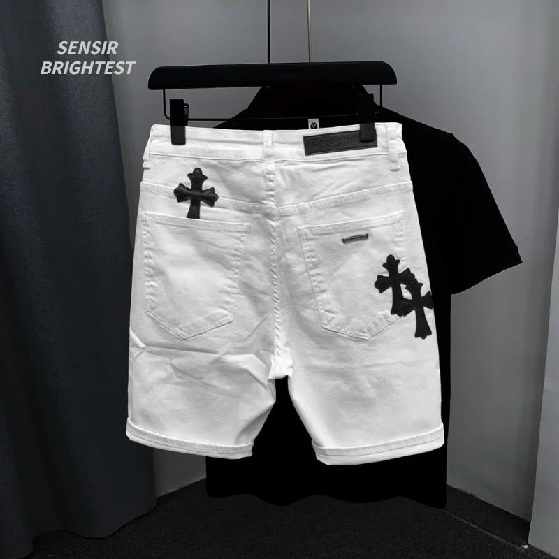 Summer Cotton Elastic Shorts Men's American Style Street Fashion Brand Embroidered White Denim Shorts For Men And Women