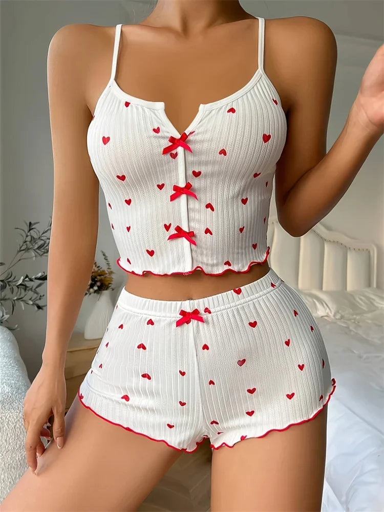 Women's Heart Print Ribbed Frill Trim Pajama Set, Cute Bow Notched Neck Cross Strappy Backless Crop Cami Top & Elastic Shorts