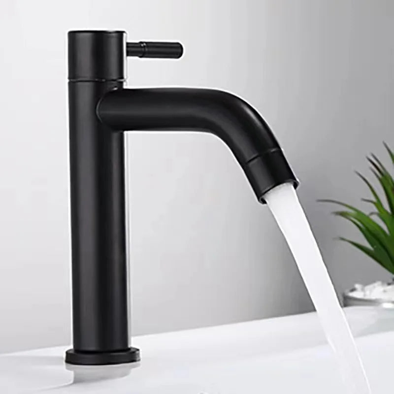 Basin Faucet 304 Stainless Steel Single Cold Water Tap Black Silver Color Deck Mounted  Lengthening and Raising Basin Sink Tap