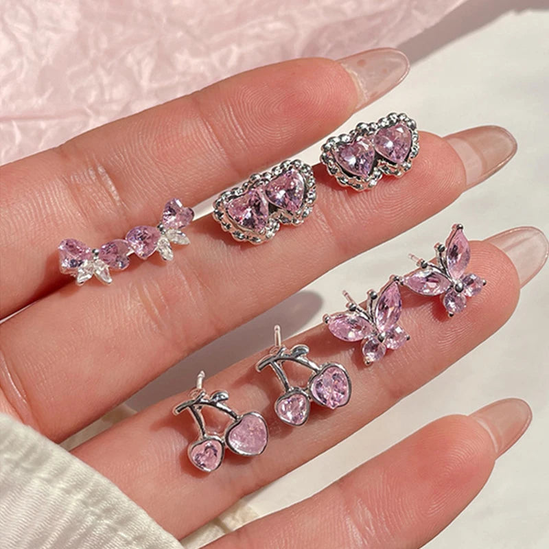 Summer New Shiny Pink Flower Cherry Butterfly Star Pearl Stud Earrings Set for Women Girls One Week Korean Fashion Jewelry Gift