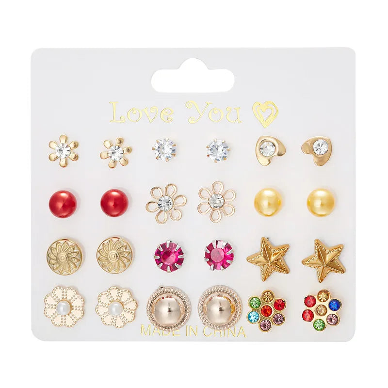 12 Pairs/Set Imitation Pearl Sun Star Flower Bow Heart Zircon Combination Paper Card Stud Earrings Set Fashion Geometric Earring