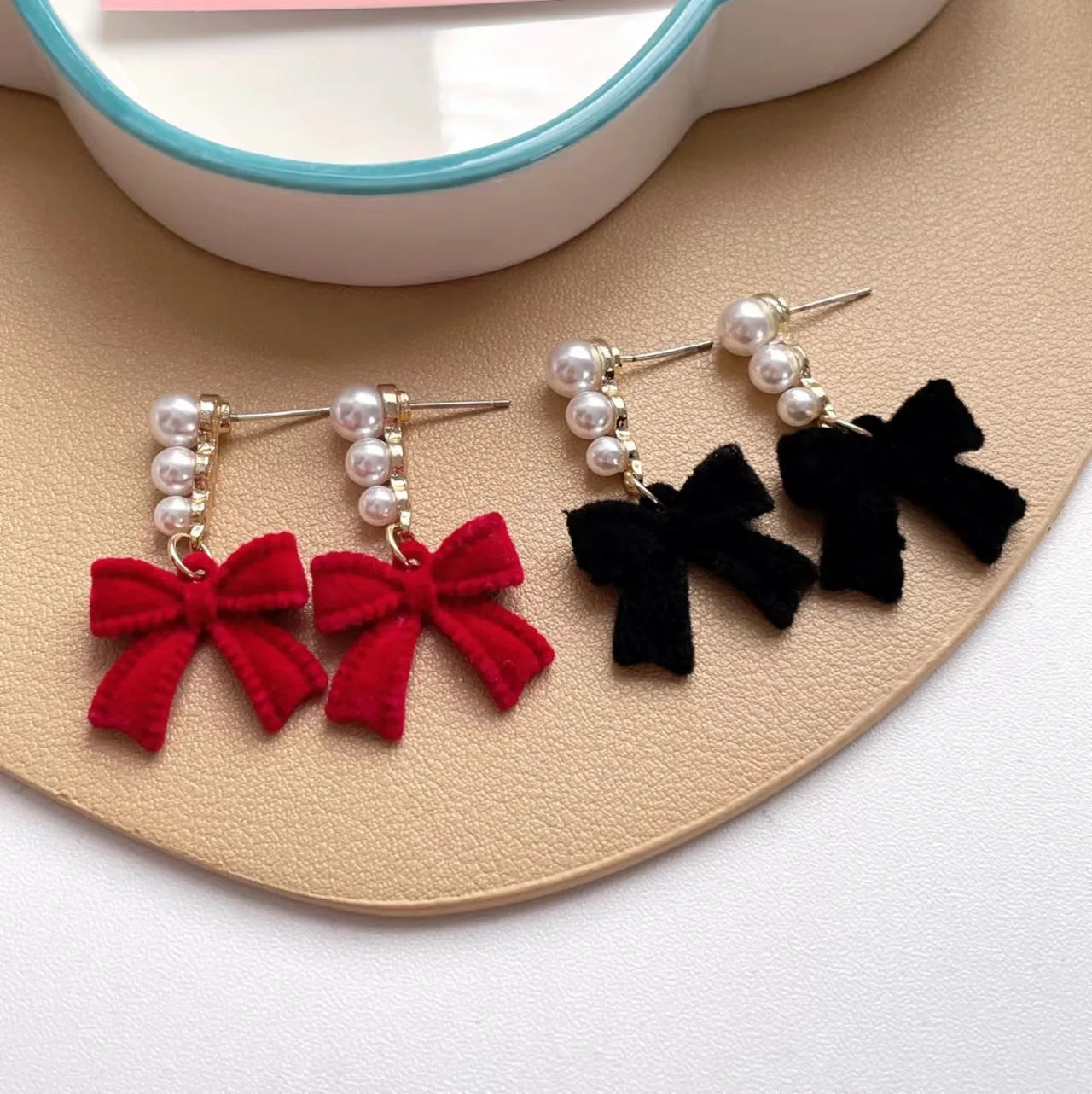 LATS Red Black Bowtie Earrings for Women Girls Simulated Pearl Cloth Bow Tie Earrings Jewelry Ear Accessories Beautiful Gifts