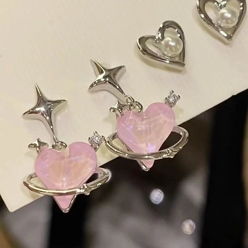 6pcs/set Women Silver Color Y2K Pink Crystal Heart Stud Earring Korean Trendy Punk Sweet Cool Bow Star Earring Aesthetic Jewelry