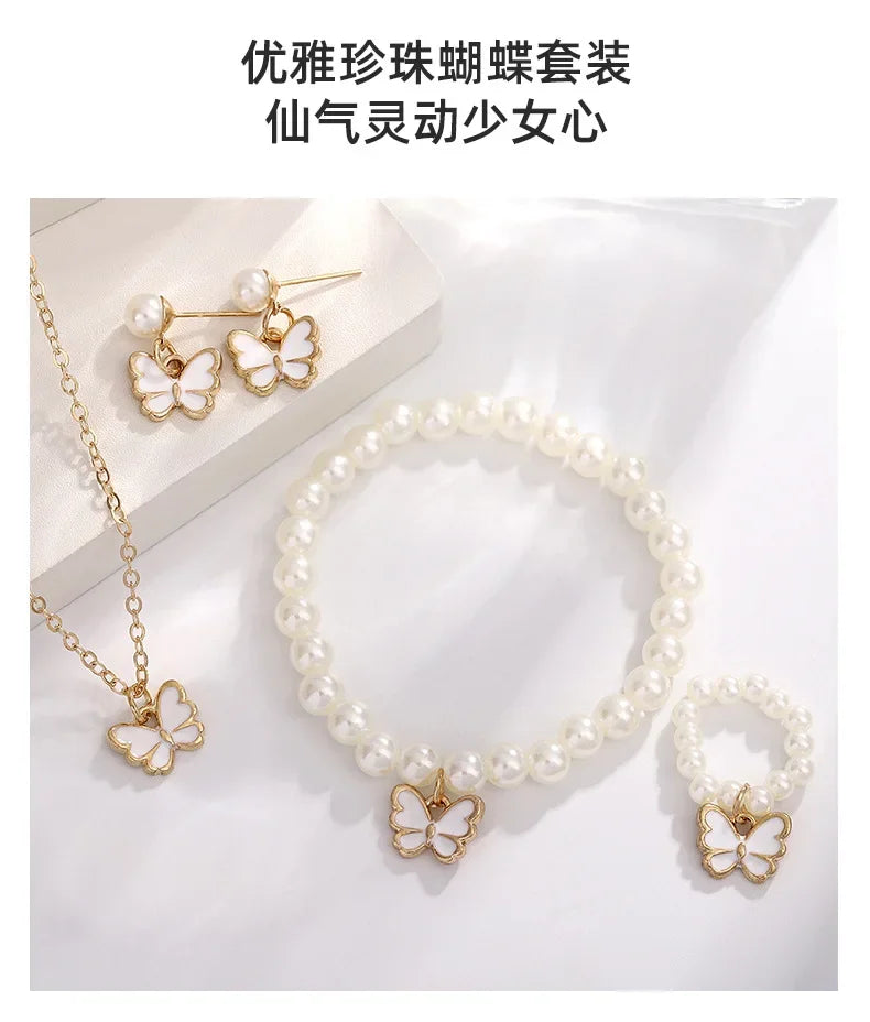 4pcs/Set Fashion Sweet Jewelry Set Butterfly Pendant Imitation Pearl Necklace Bracelet Earring Set for Girl Jewelry Accessories