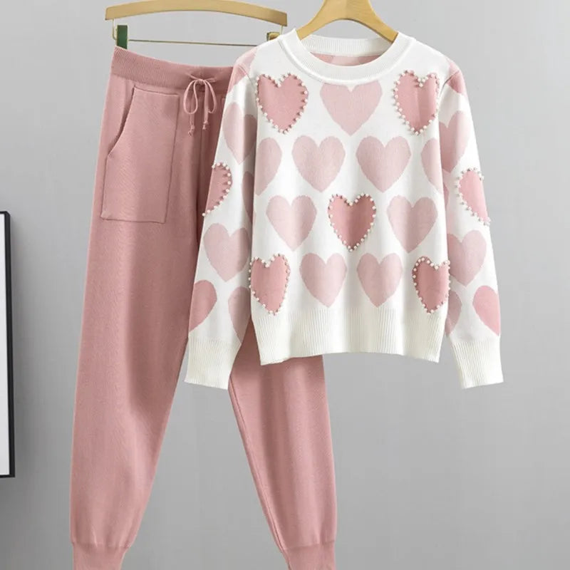 Chic Beading Knit Sweater 2 Piece Sets Women Outfits Korean Fashion O-neck Pullover & Harem Pants Sport Tracksuits Suit