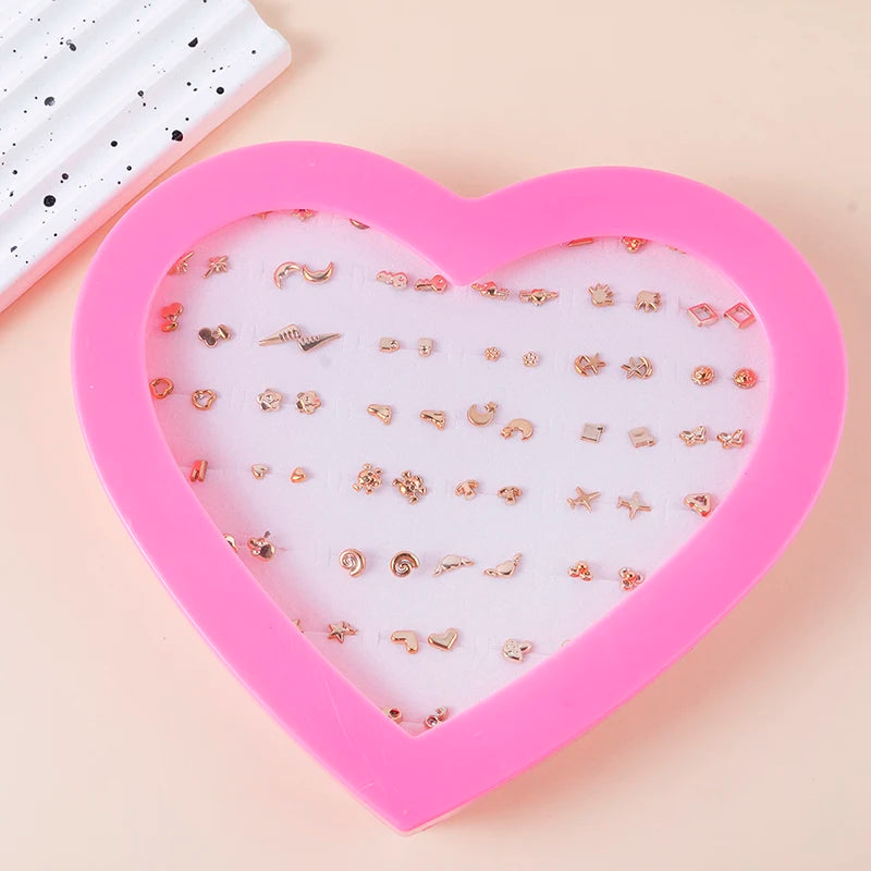 36Pairs/set Gold Color Lovely Mini Stud Earing Set Cute Heart Moon Stud Earrings For Girl Fashion Lady Daily Ear Jewelry Gifts