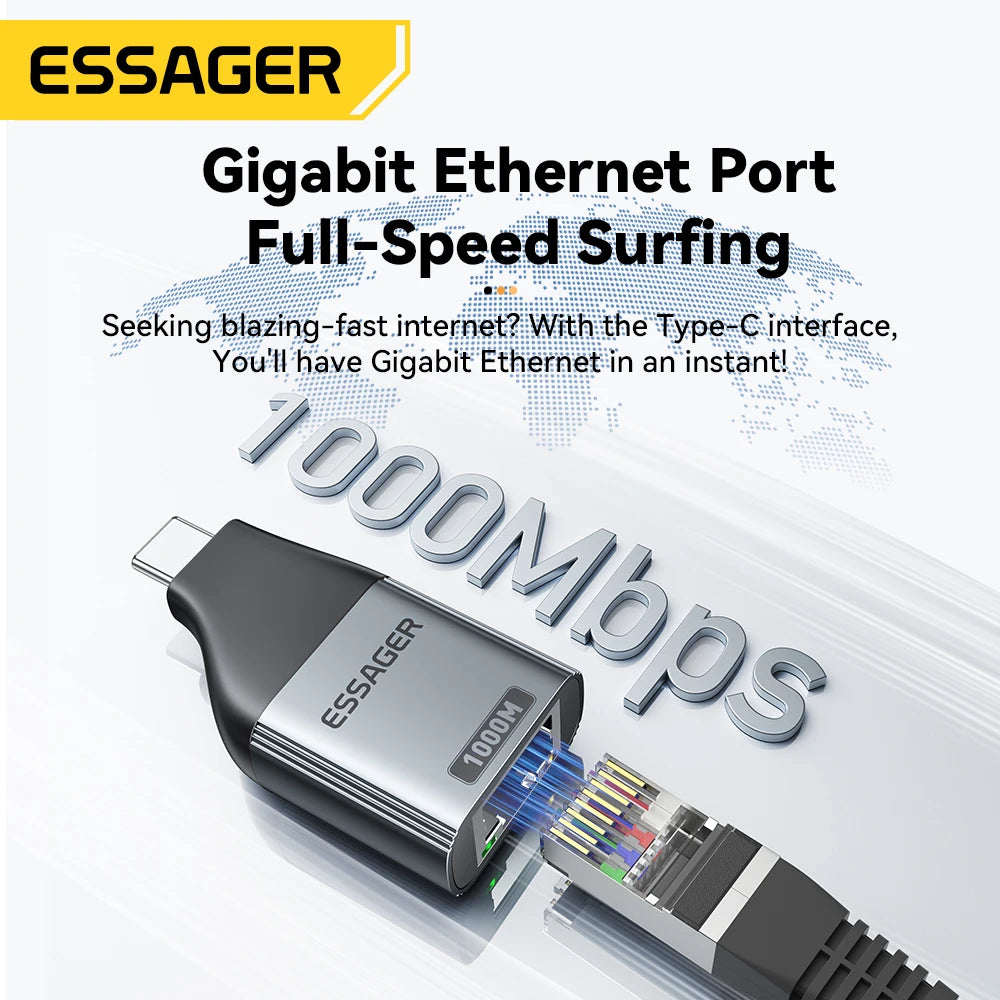 Essager Type-C to Ethernet Adapter 100/1000Mbps Gigabit High-Speed RJ45 To Type-c Adapter For MacBook Laptop Wired Network Card