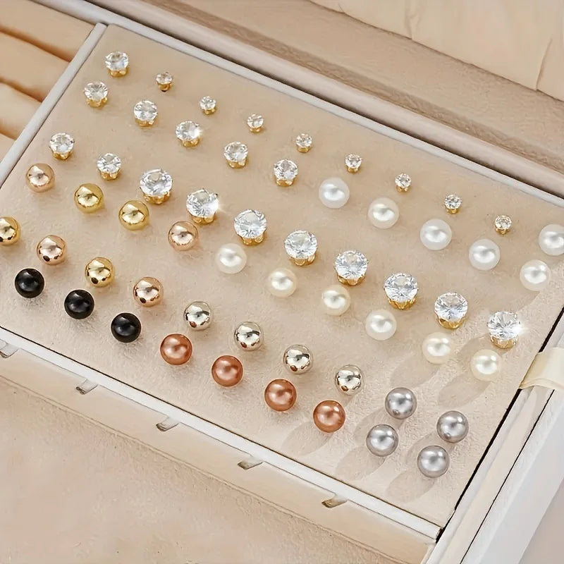 30 pairs of classic simple round colored pearl zircon earrings set for women