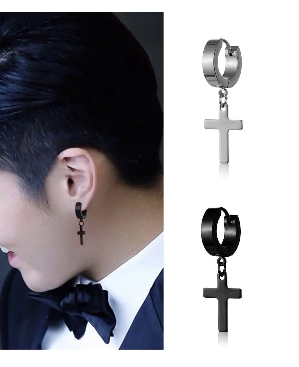 2pc Stainless Steel Men Cross Stars Punk Dangle Earrings Gothic Woman Cross Ear Hoop Earrings Huggies Pendant Piercing Jewelry