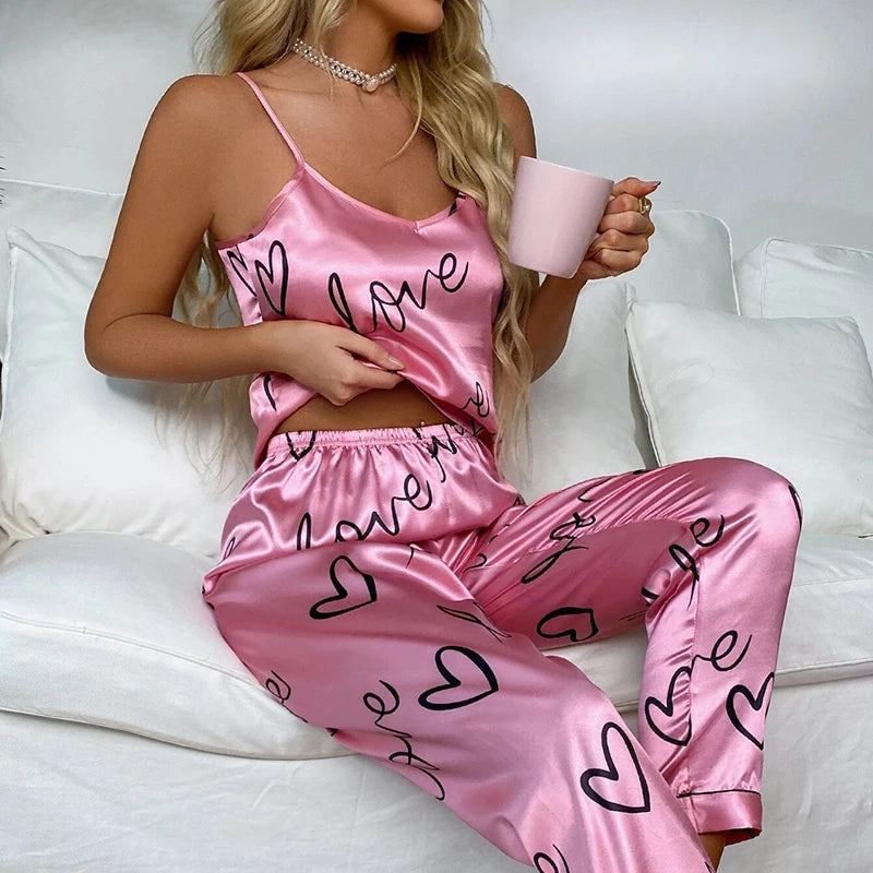 2 PCS Sexy Women Satin Pajamas Lingerie Sleepwear V Neck Sleeveless Suspenders and Pants Girl Pajamas Set Home Wear Loungewear