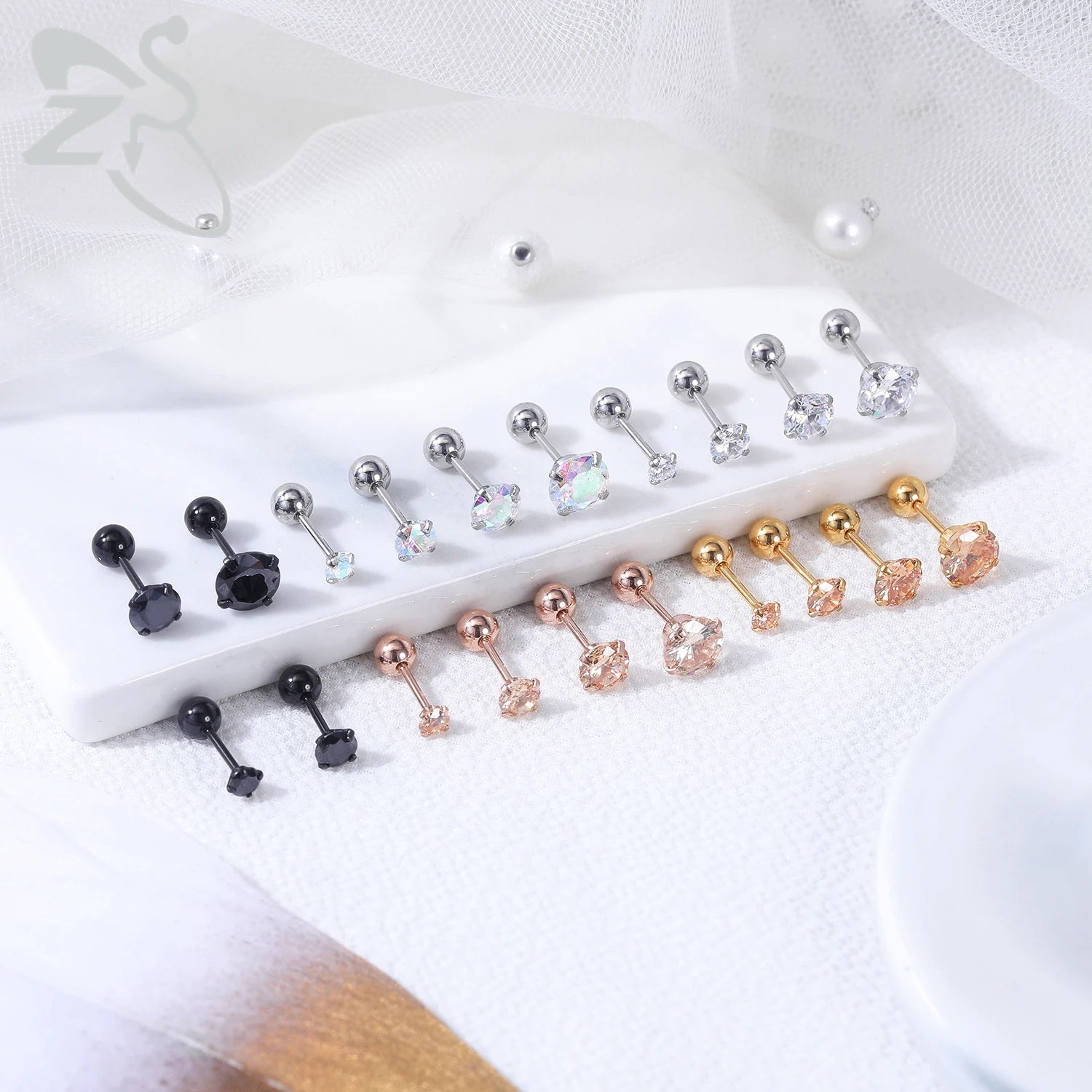 ZS 1 Pair 20G Surgical Steel Stud Earring for Women Crystal Black Rose Gold Plated Earrings Ear Helix Conch Piercing 3/4/5/6mm