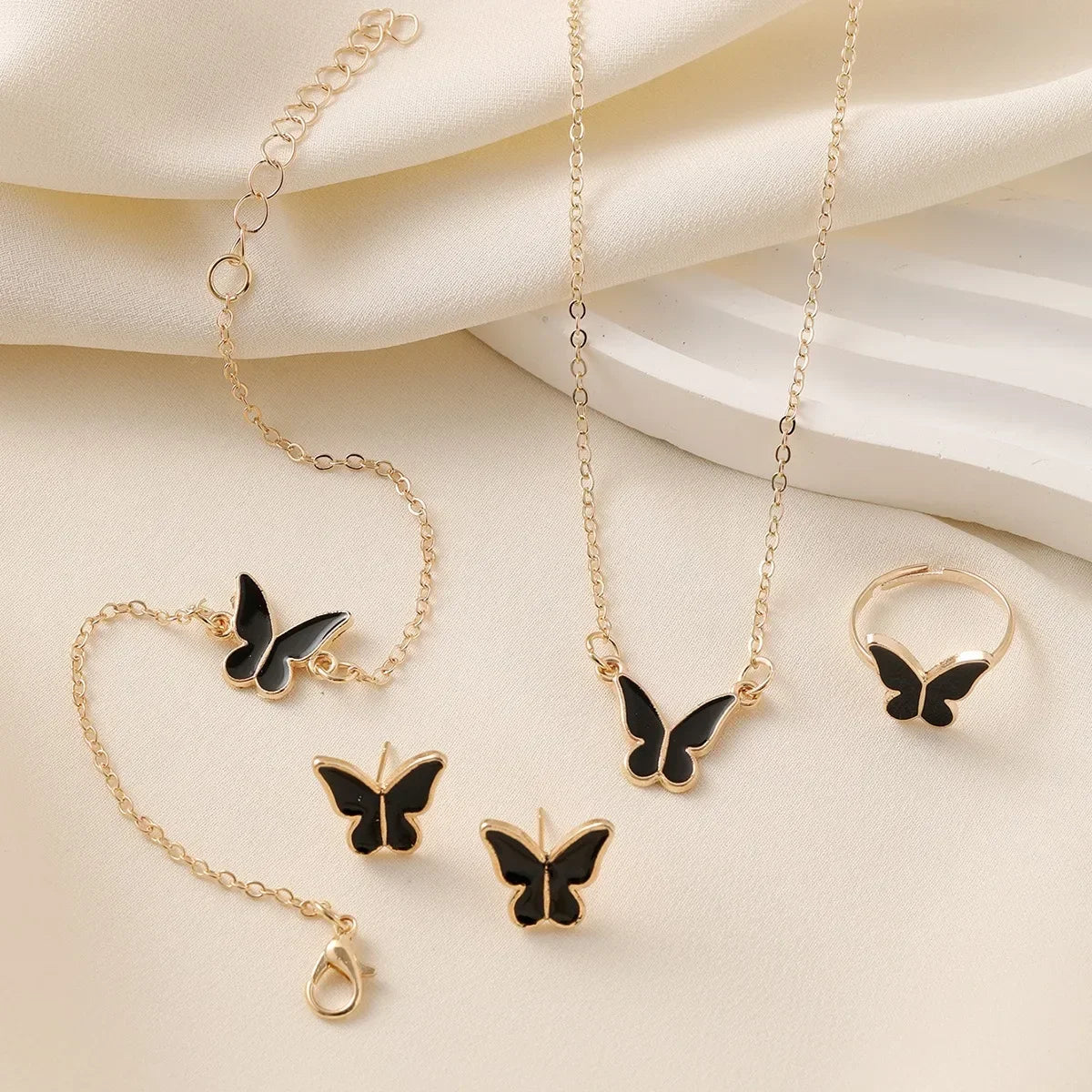 5PCS Enamel Colorful Butterfly Pendant Necklace for Women Girls Wedding Party Jewelry Set Chain Bracelet Stud Earrings Ring