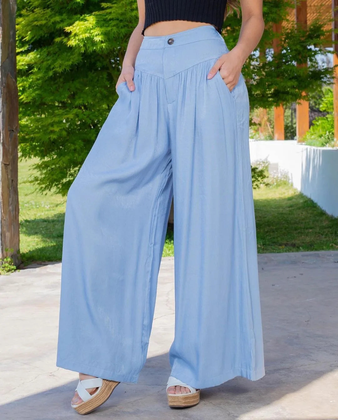 Women Denim Loose Wide Leg Pants Casual Female High Waist Button Flare Full Jeans OUFY-001