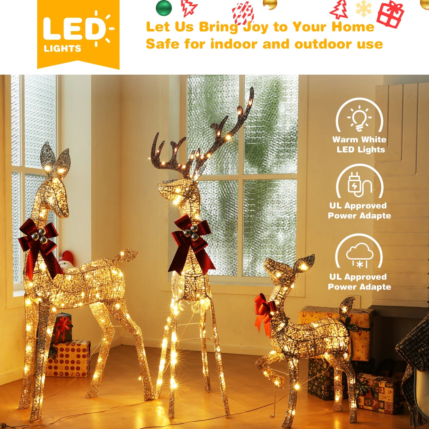 3-Piece Large Lighted Christmas Deer Family Set Pre-lit for Indoor Outdoor Front Yard Porch Holiday Decoration