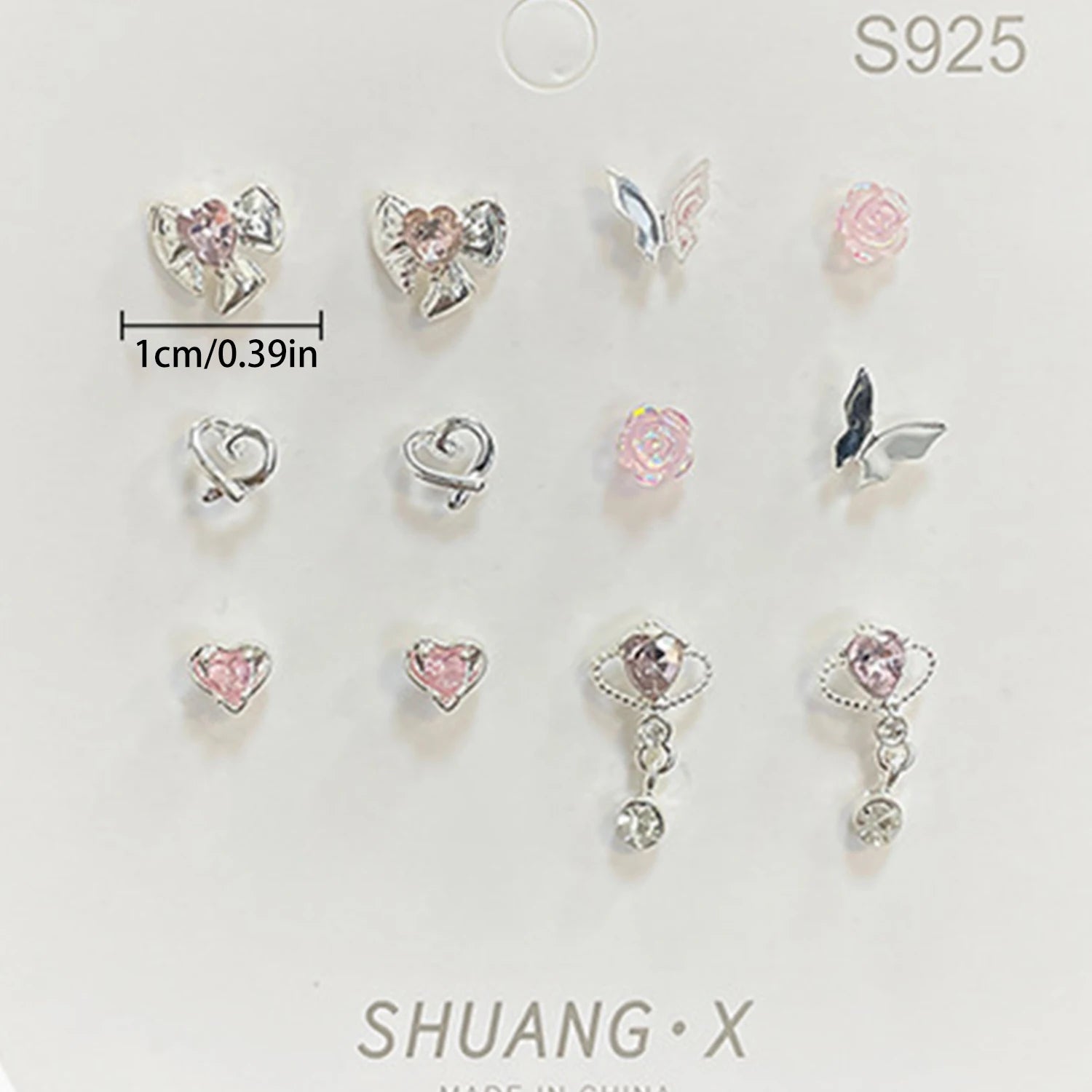 6Pairs/set Fashion Cute Pink Crystal Bowknot Heart Shape Stud Earrings Sets For Women Girls Ears Jewelry Party Y2k Accessories