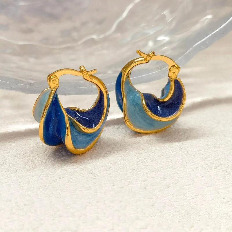 New Trendy Enamel Blue Color Metal Texture Small Hoop Earrings for Women Gold Plated Statement Ear Buckle Creative Jewelry Gifts