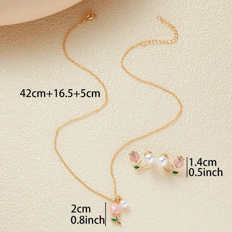 Trendy Fashion Pink Tulip Necklace Earrings Women's Set Temperament Party Sweet Simple Jewelry Set Accessories Gifts