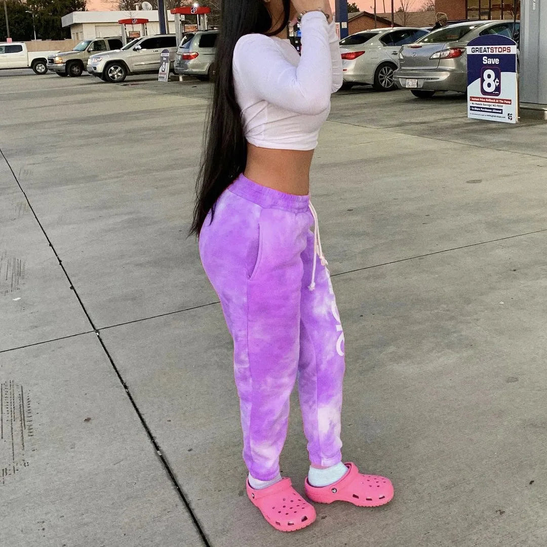 Tie Dye Fashion Streetwear Pink Joggers Women's Drawstring Sweatpants Sports Wear Women Crop Top and Jogging Pants