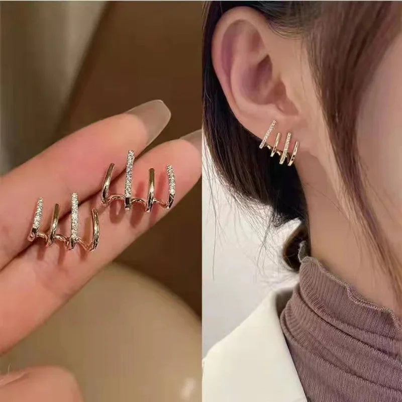 Korean Claw Earrings Four-Prong Setting Gold Color Ear Earring Shiny Crystal Sweet Women Stud Earrings 2023 Fashion Jewelry Gift