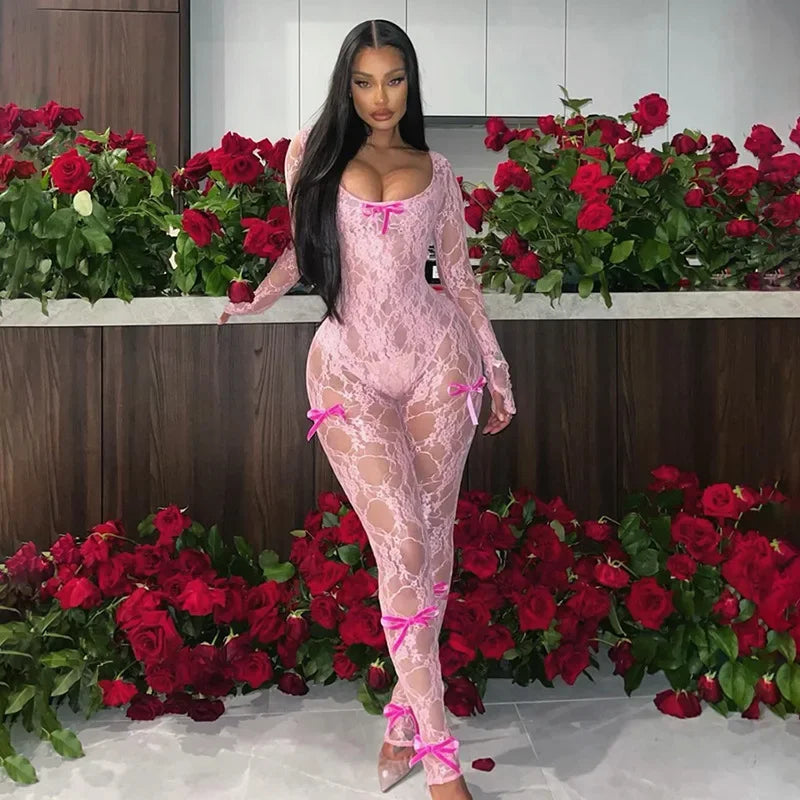 2024 See Through Mesh Sexy Jumpsuit Women Bow Splice Long Sleeve Bodycon One Piece Hot Girl Party Sexy Club Overalls For Woman