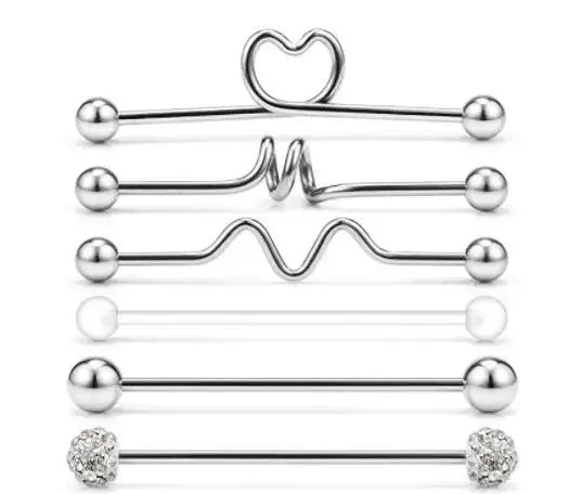 6/8/9/13Pcs/steStainless Steel Heart Industrial Piercing Set Earring Cartilage Industrial Barbell for Women Unisex Body Jewelry