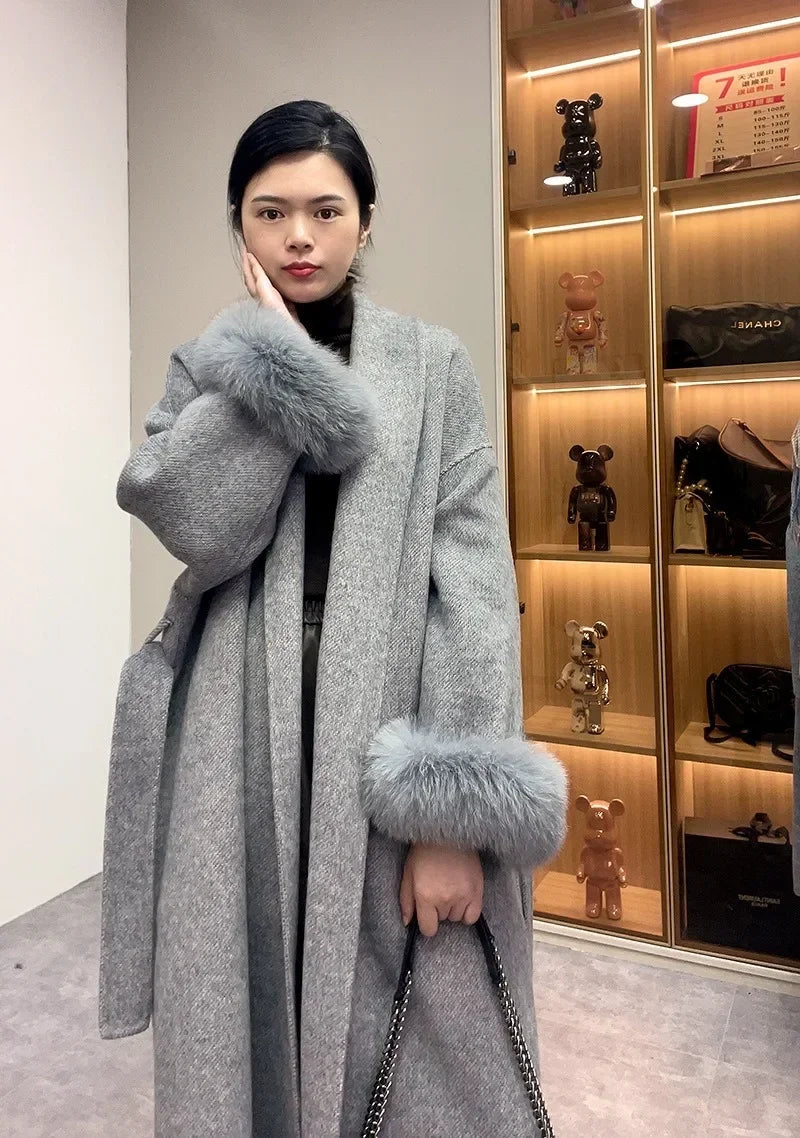 High End Double-sided Wool Strapping Real Wool Fur Coat Women's Removable Cuffs Fox Fur Temperament Cashmere Short Jacket