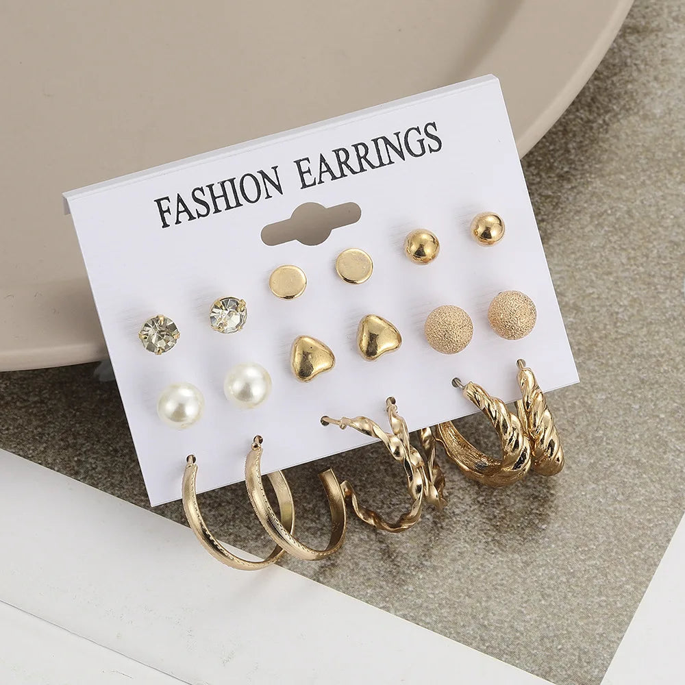 European and American cross-border new minimalist earrings wholesale creative minimalist retro pearl circle earring set 9 pairs