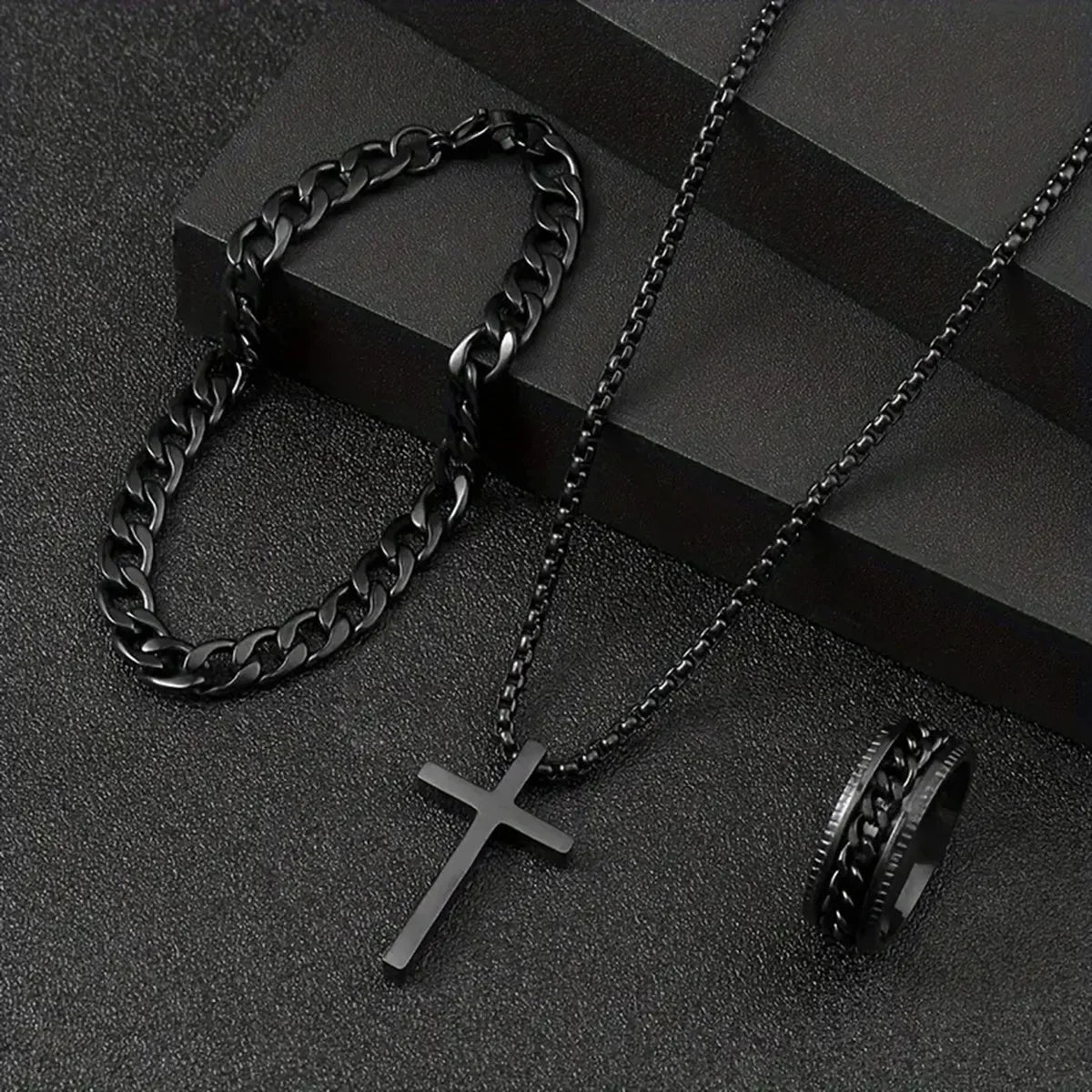 Punk Cross Pendant Necklace Bracelet Chain Ring Men's Set Simple Personality Hip Hop Party Three Piece Jewelry Accessories